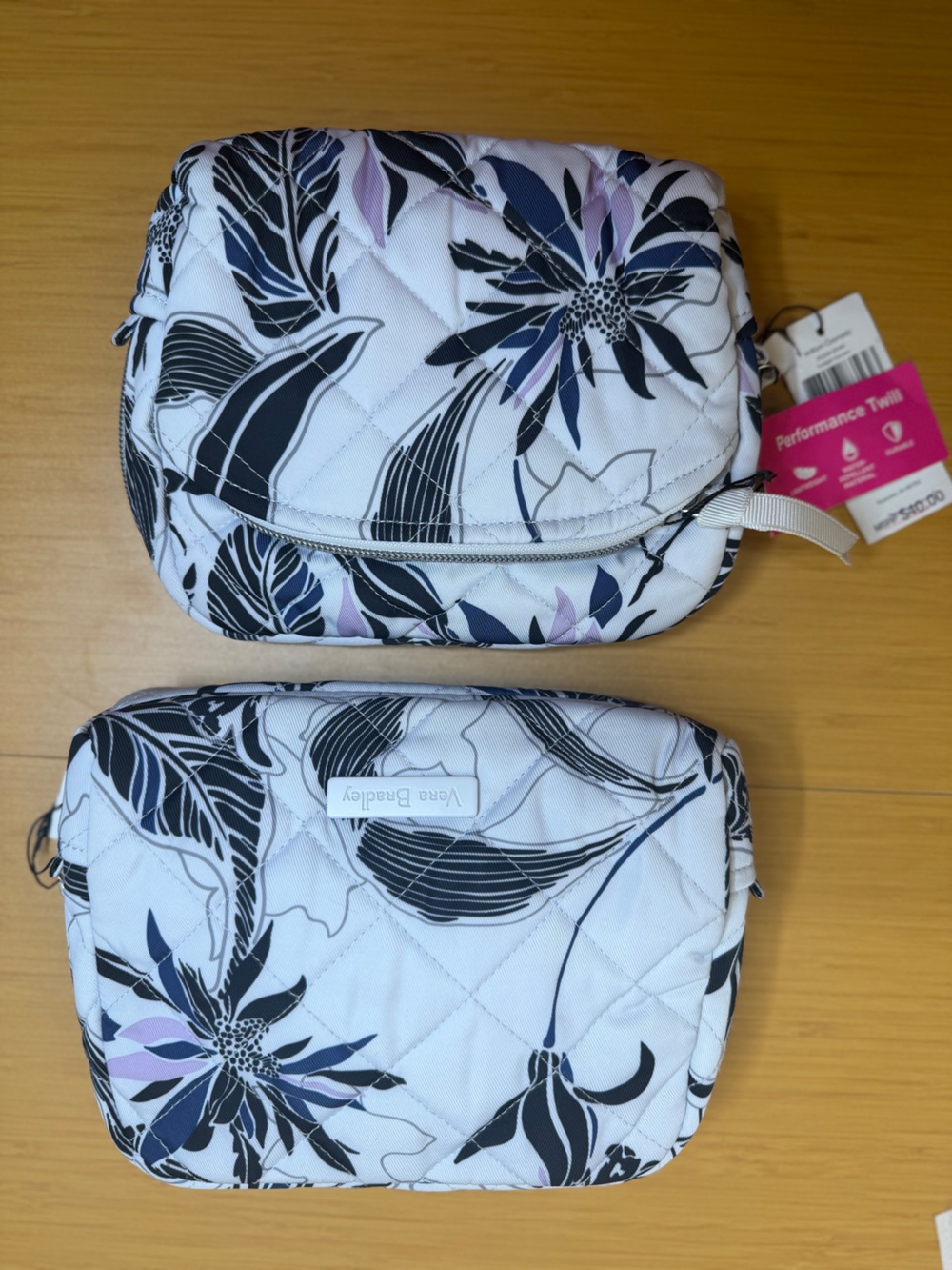 NWT Vera Bradley White Quilted Pouch w/ Black & Lavender Floral Print - LOT OF 2